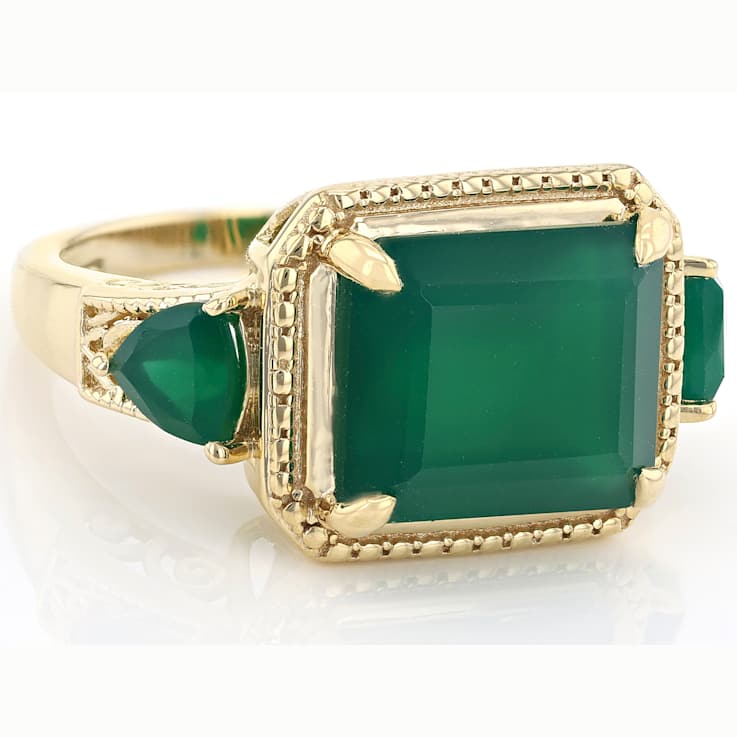 Green Onyx 3-Stone Ring In 18K Gold Over Sterling Silver 5.06ctw