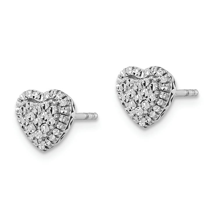Rhodium Over 14k White Gold Polished Diamond-Cut Heart Stud Earrings