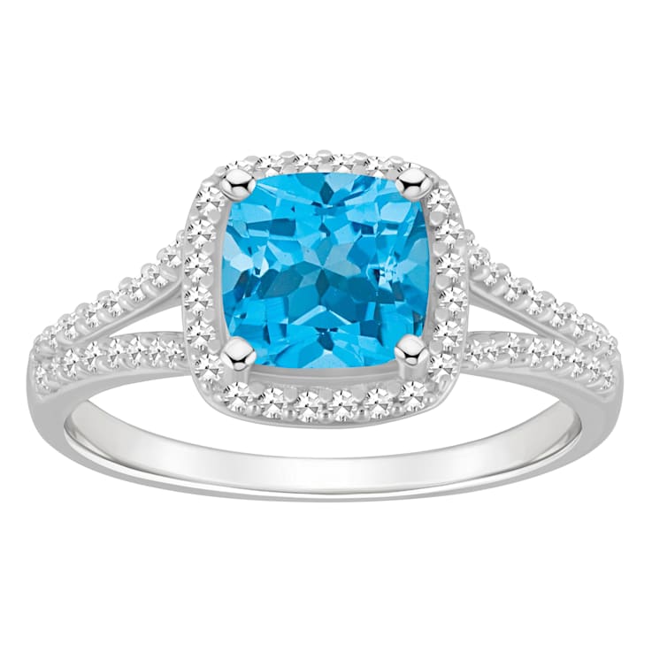 7mm Cushion Blue Topaz 1/4 ctw Diamond Rhodium Over Sterling Silver Halo Ring