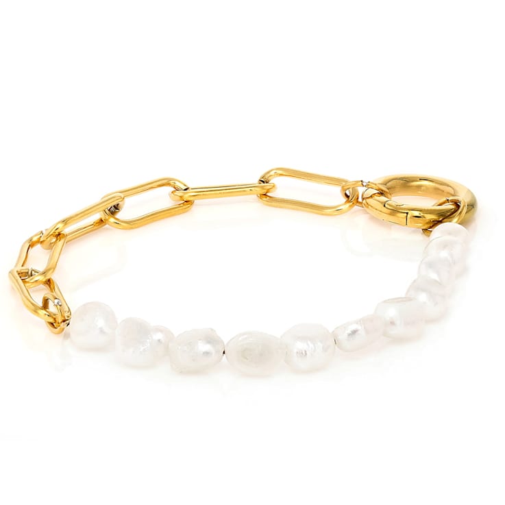 Paperclip And Cultured Pearl Strand Bracelet In Gold-Tone 7.5mm