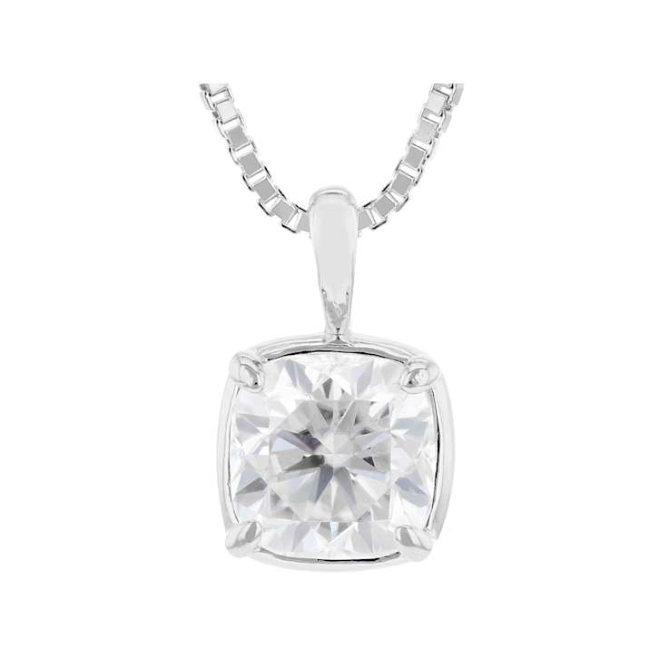 Moissanite Cushion-Cut Solitaire Pendant In Platinum-Enhanced Sterling
Silver 2.00ctw Diamond Equivalent Weight
