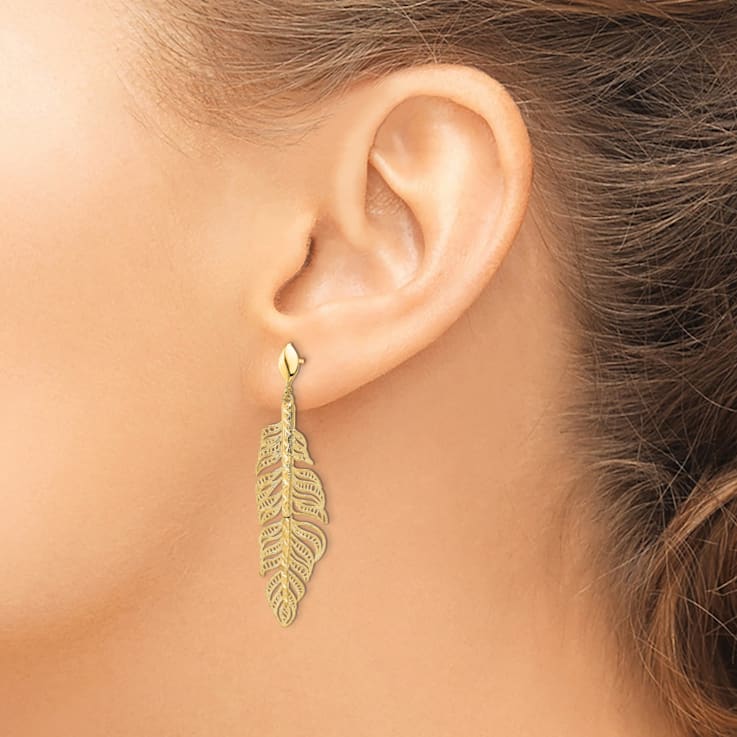 14K Yellow Gold Polished Diamond-cut Textured Leaf Post Dangle Earrings
