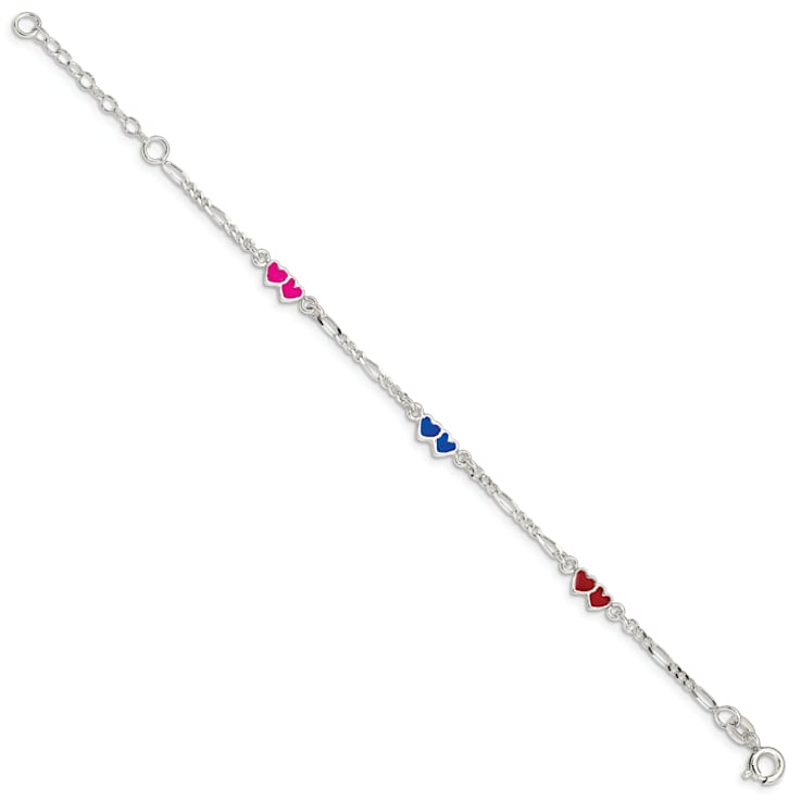 Sterling Silver Enameled Double Heart with 1-inch Extensions Children's Bracelet
