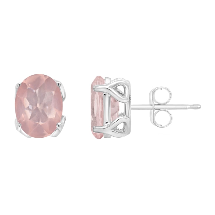 8x6mm Oval Rose Quartz Rhodium Over Sterling Silver Stud Earrings