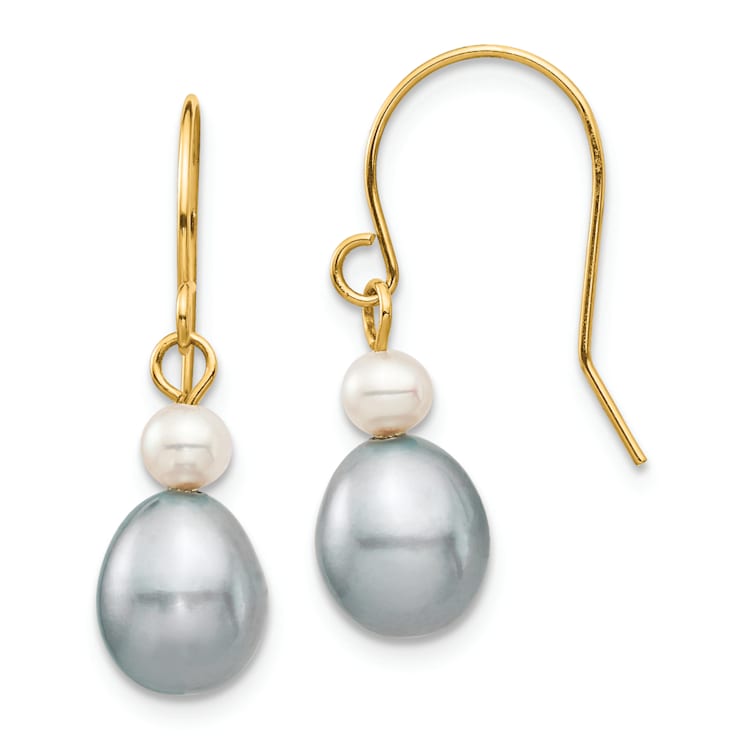 14K Yellow Gold 4-7mm White/Grey Round/Rice Freshwater Cultured Pearl
Dangle Earrings