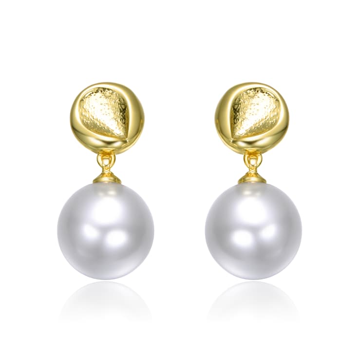 Pear Shape Pearl Simulant Textured Drop Earrings In 14K Gold Over Brass