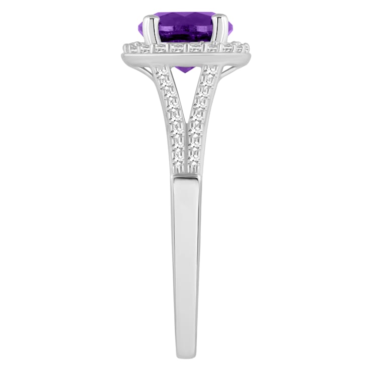 7mm Round Amethyst 1/4 ctw Diamond Rhodium Over Sterling Silver Halo Ring