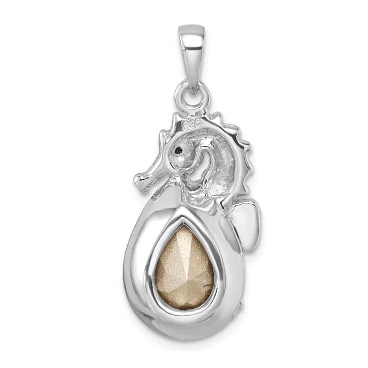 Rhodium Over Sterling Silver Crystal Background Seahorse Pendant
