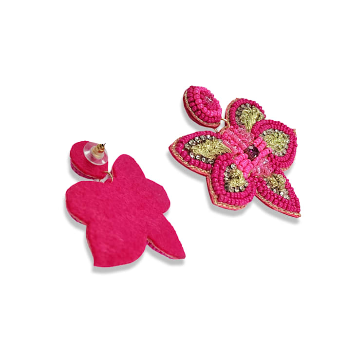 Pink Seed Beads With Clear Crystal Butterfly Earring