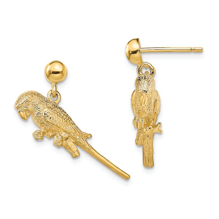 14k Yellow Gold 3D Textured Parrot Dangle Earrings