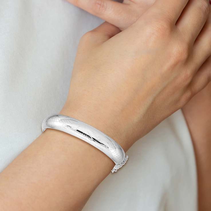 Rhodium Over Sterling Silver Diamond-cut 12mm Fancy Hinged Bangle Bracelet