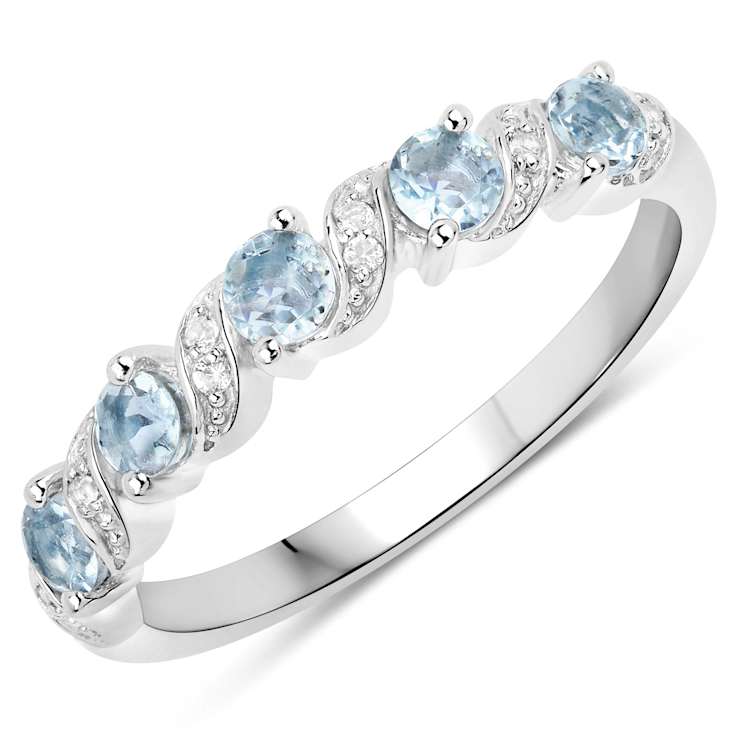 Sky Blue Aquamarine and White Topaz Sterling Silver 5 Stone Band Ring