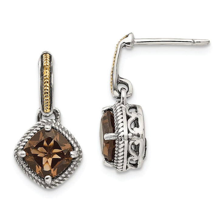 Sterling Silver with 14K Accent Antiqued Smoky Quartz Post Dangle Earrings