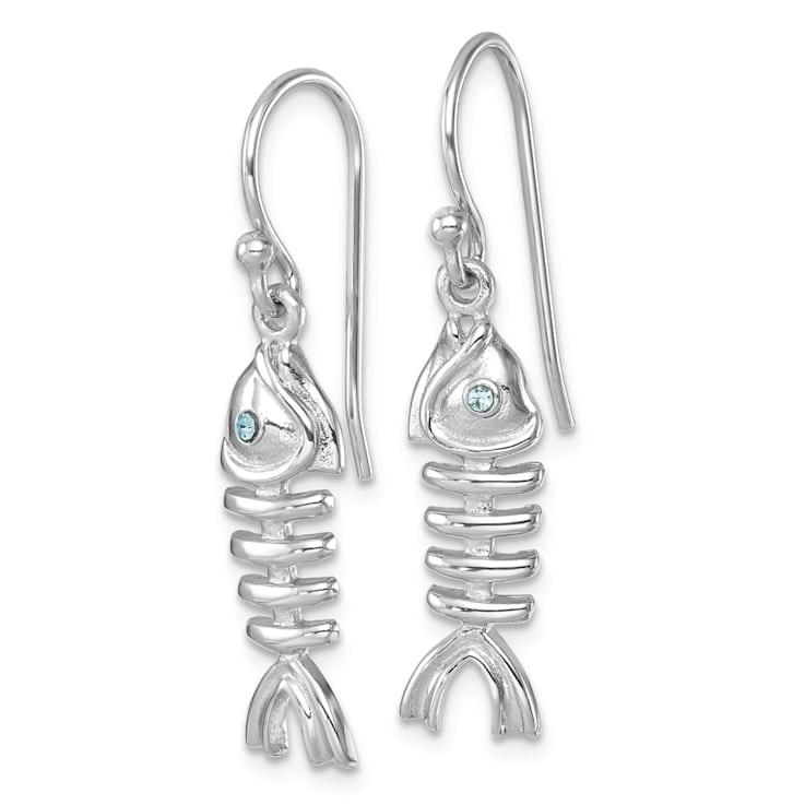 Rhodium Over Sterling Silver Polished Crystal Eye Bonefish Dangle Earrings