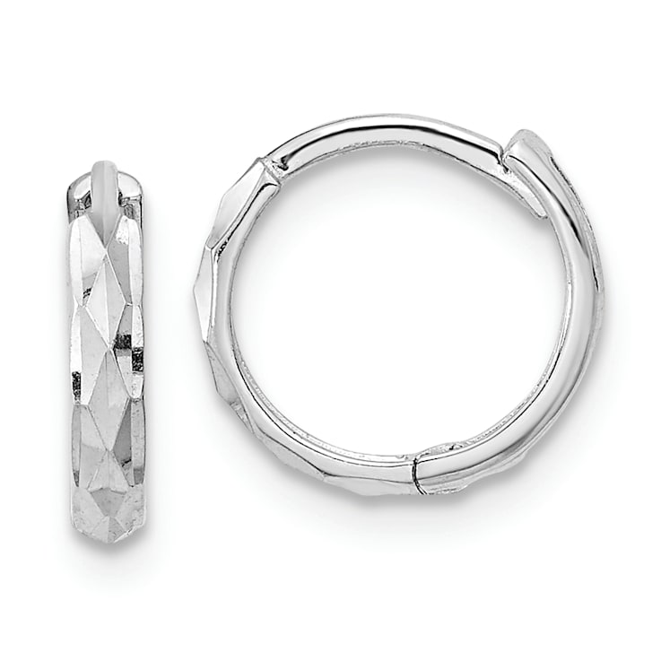 Rhodium Over 14K White Gold Hinged Diamond-cut Hoop Earrings
