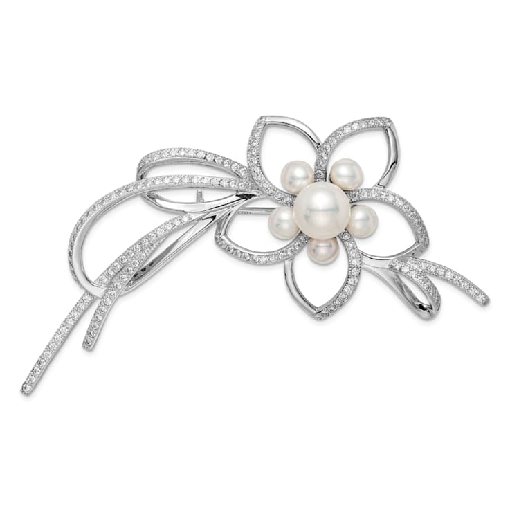 Rhodium Over Sterling Silver 4-7mm White Freshwater Pearl Cubic Zirconia
Flower Pin