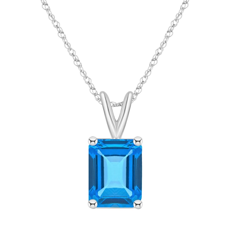 10x8mm Emerald Cut Blue Topaz 14k White Gold Pendant With Chain