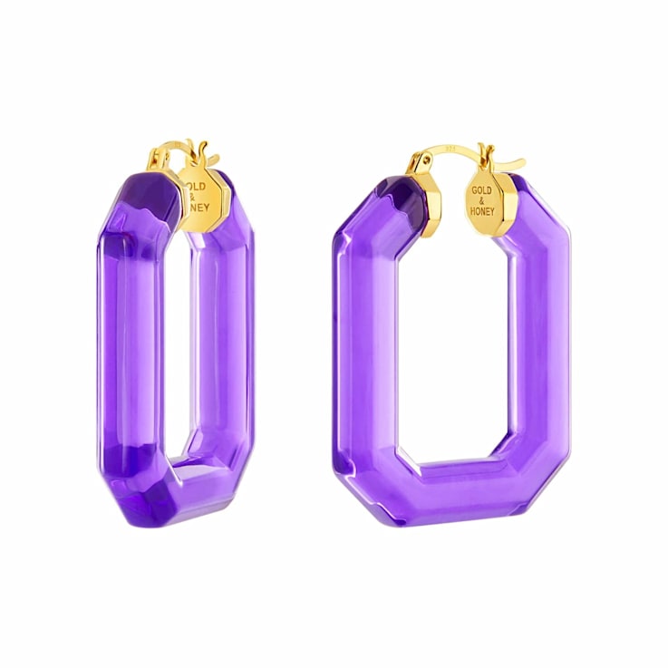 14K Yellow Gold Over Sterling Silver Acrylic Hoops in Purple