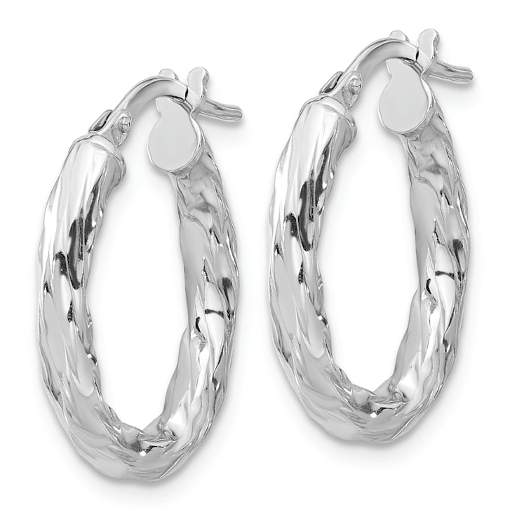 Rhodium Over Sterling Silver Polished and Textured Twisted Oval Hoop Earrings