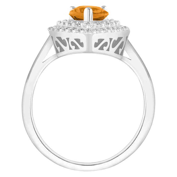 8x5mm Pear Shape Citrine And White Topaz Accents Rhodium Over Sterling
Silver Double Halo Ring