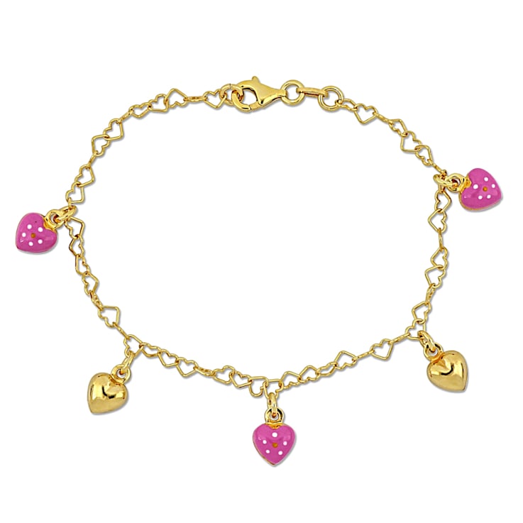 Children's Pink Enamel Heart Charm Bracelet in 18K Yellow Gold Over
Sterling Silver