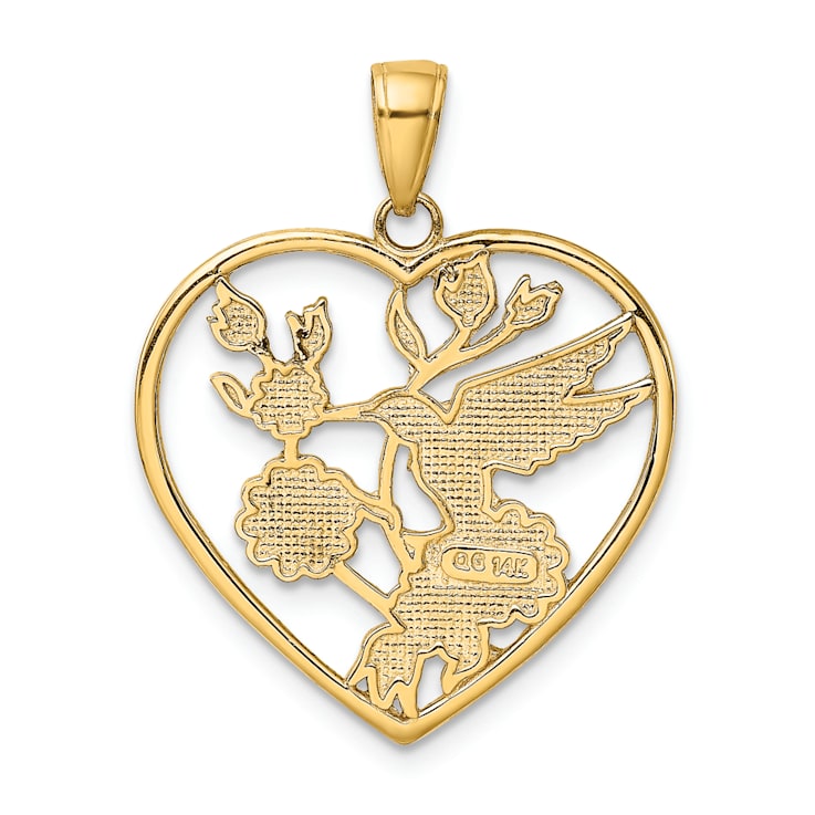 14K Yellow Gold Enameled Hummingbird with Flowers Heart Pendant