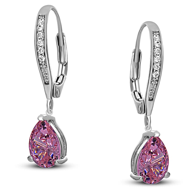Pink CZ Teardrop Drop Earrings In Sterling Silver