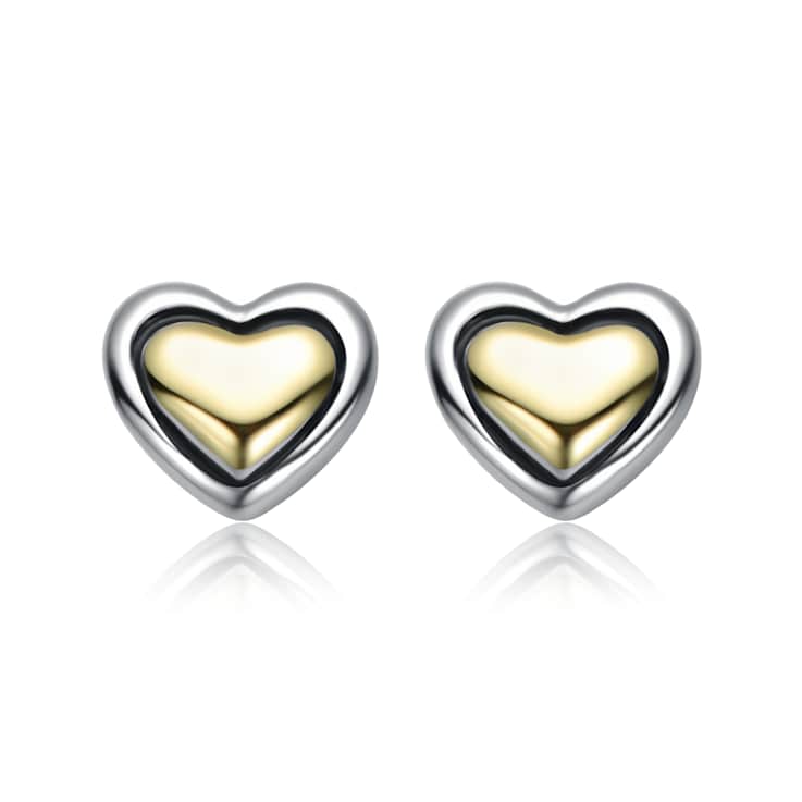 Sleek Heart Stud Earrings In Two-Tone Rhodium Over Brass