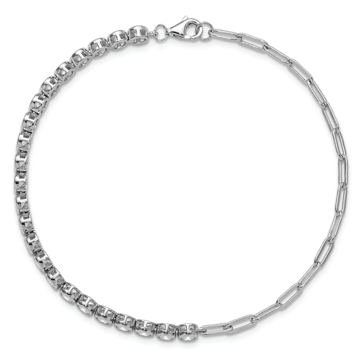 Rhodium Over Sterling Silver Bezel Set Cubic Zirconia and Paperclip Link Bracelet