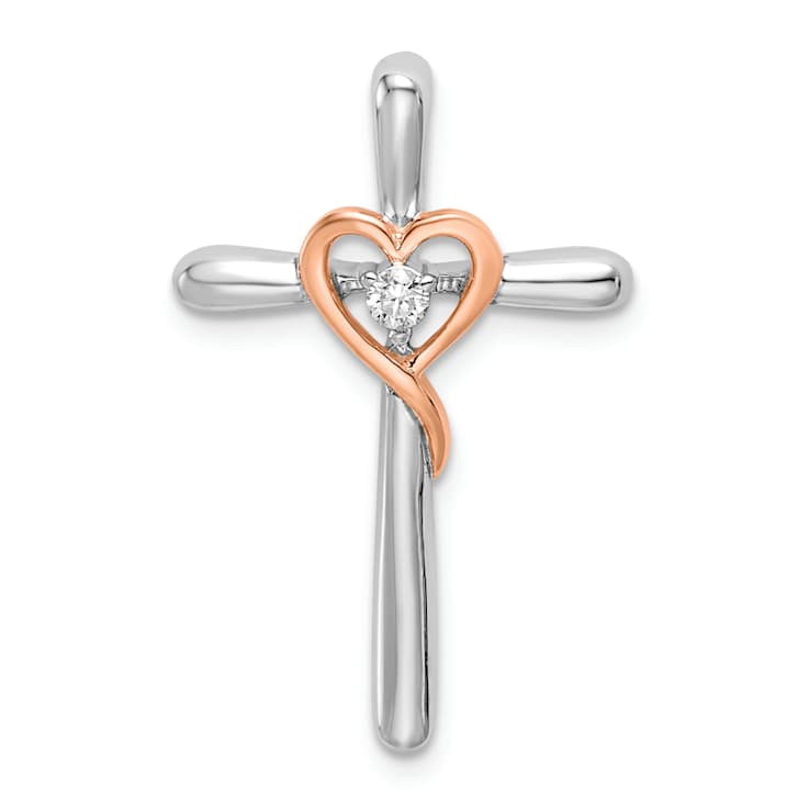 10k White Gold and 10k Rose Gold Cross with Heart Diamond Chain Slide Pendant