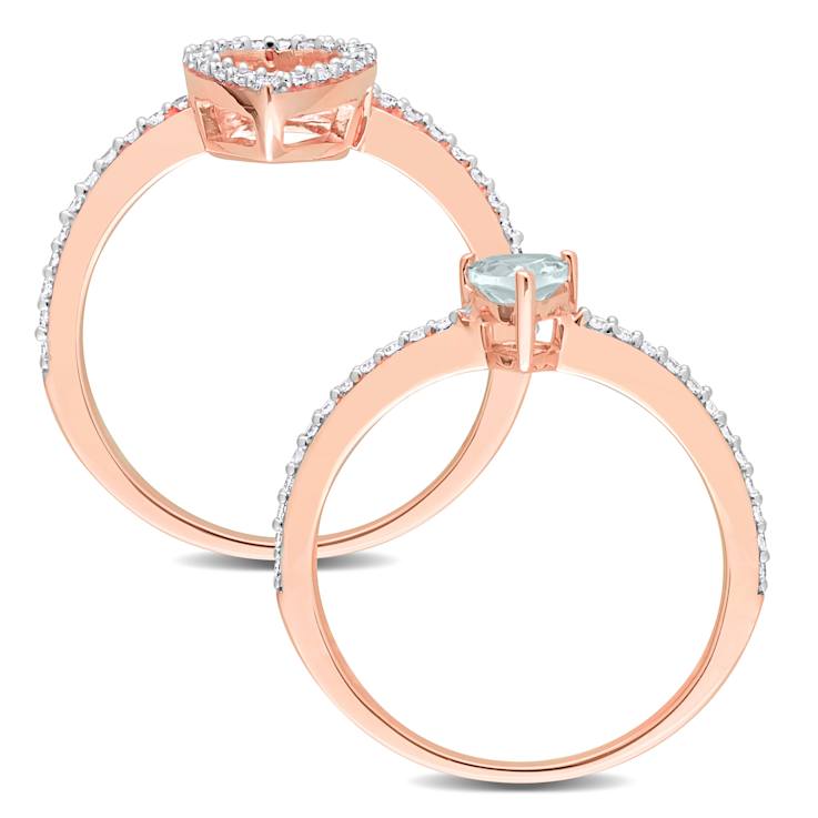 Aquamarine and Diamond 10K Rose Gold Halo Ring Set 0.73ctw