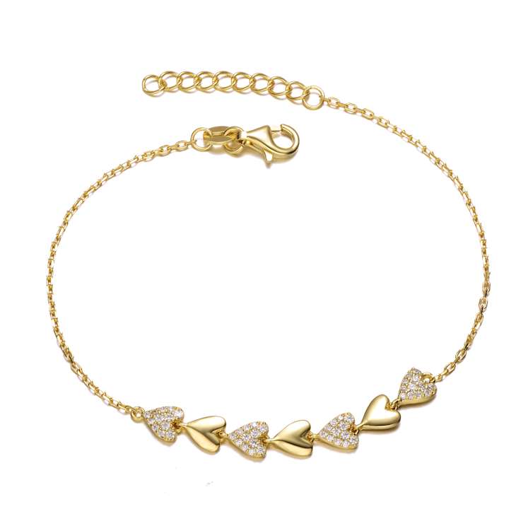 Pave CZ Heart Station Bracelet In 14K Gold Over Sterling Silver