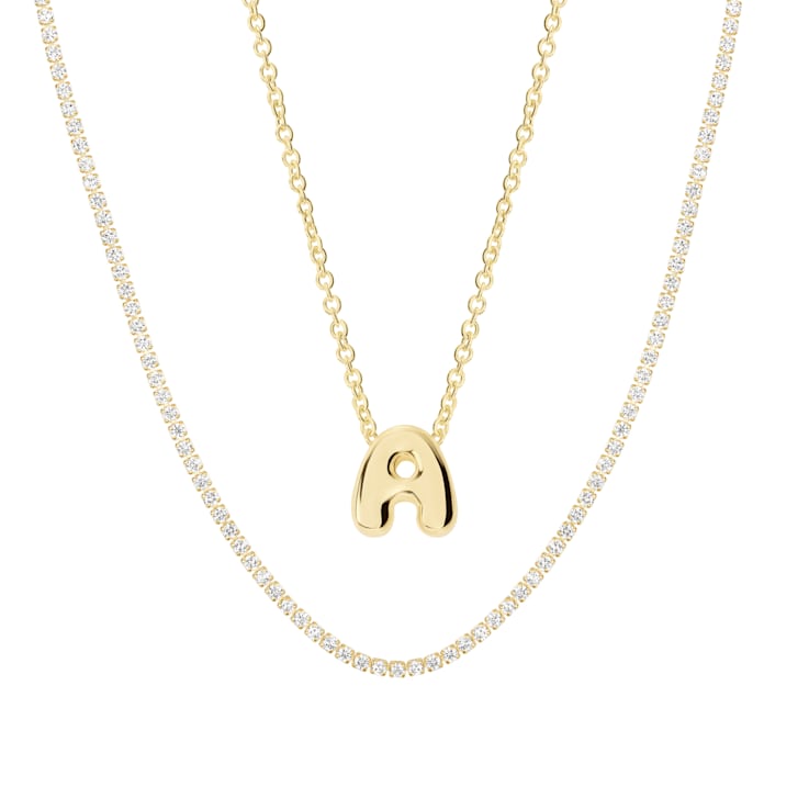 CZ Initial A Tennis Necklace And Pendant Set In 14K Gold Over Brass 4.05ctw
