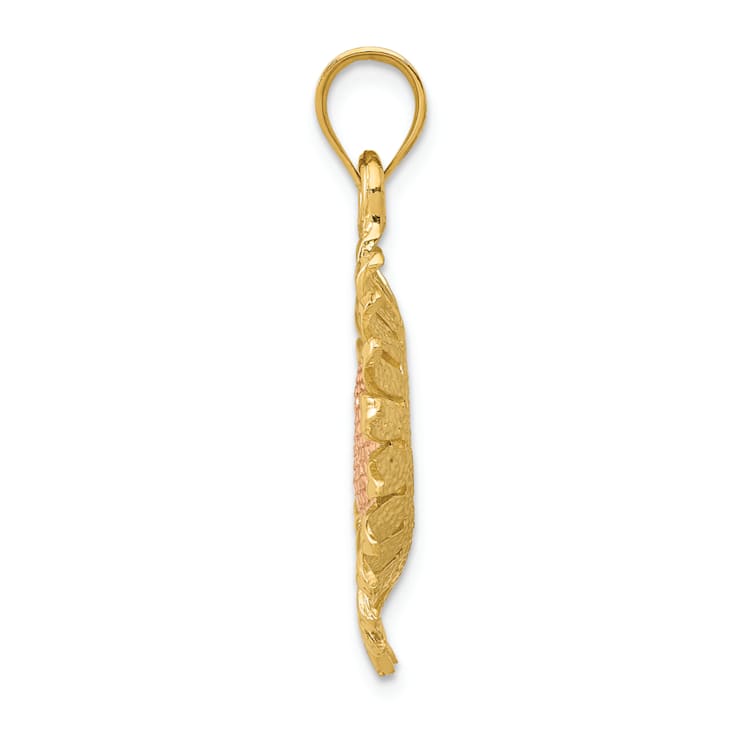 14k Two-tone Gold Polished and Textured Sunflower Pendant