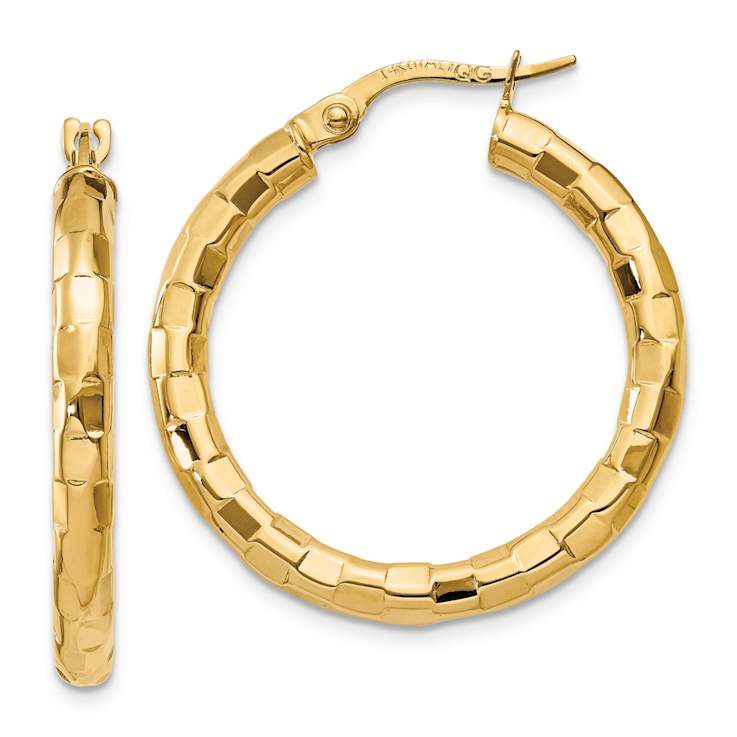 14k Yellow Gold Polished and Textured 1 1/16" Hoop Earrings