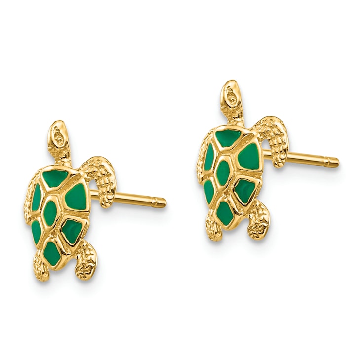 14k Yellow Gold Textured Green Enameled Sea Turtle Stud Earrings