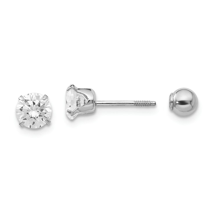 Rhodium Over 14K White Gold 5mm Cubic Zirconia and 4mm Ball Reversible Earrings