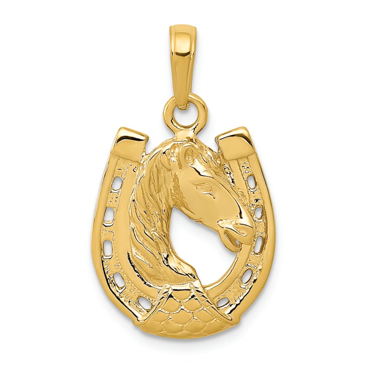 14K Yellow Gold Solid Polished Horse Head in Horseshoe Pendant