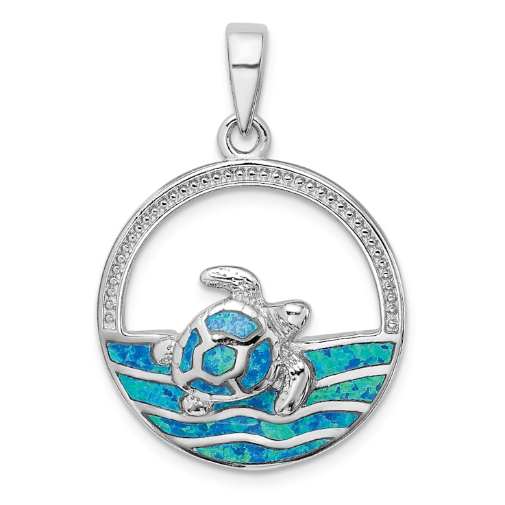 Rhodium Over Sterling Silver Blue Inlay Lab Created Opal Turtle Pendant
