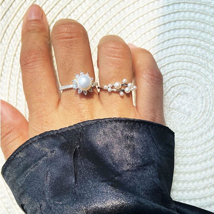 Freshwater Pearl and Moissanite Rhodium Over Sterling Silver Halo Flower
Design Ring