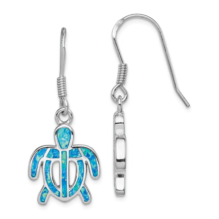 Rhodium Over Sterling Silver Lab Created Opal Inlay Tortoise Dangle Earrings
