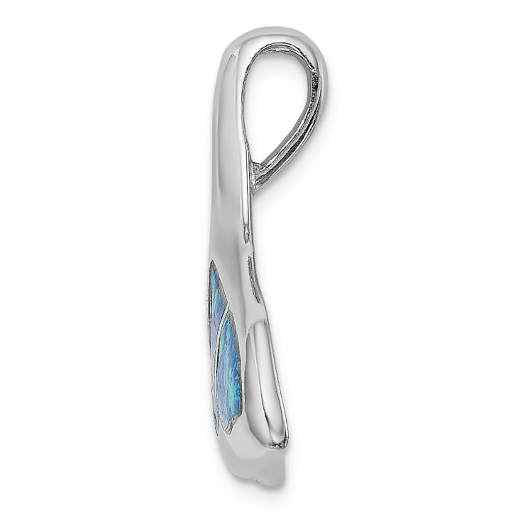 Rhodium Over Sterling Silver Blue Inlay Lab Created Opal Whale Tail
Slide Pendant