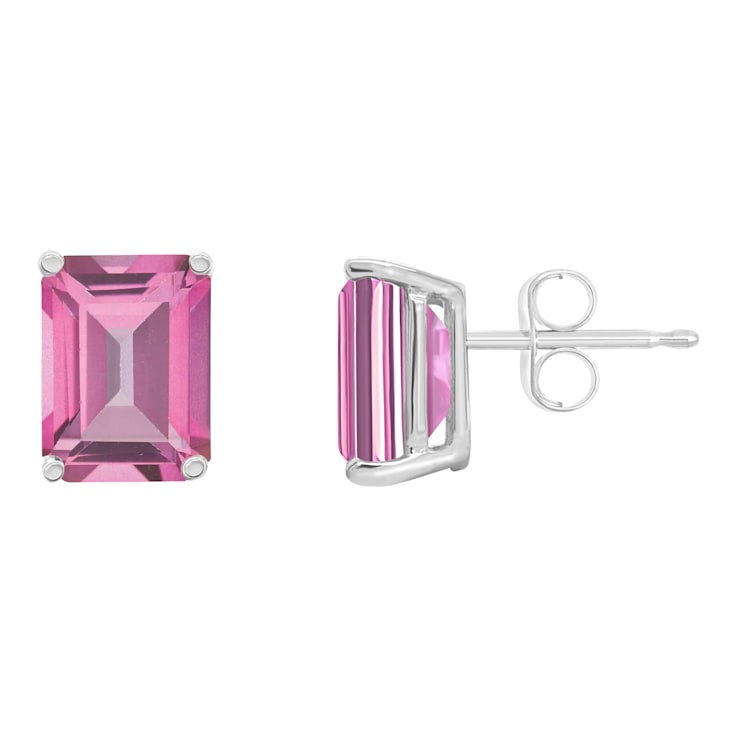 8x6mm Emerald Cut Pink Topaz 14k White Gold Stud Earrings