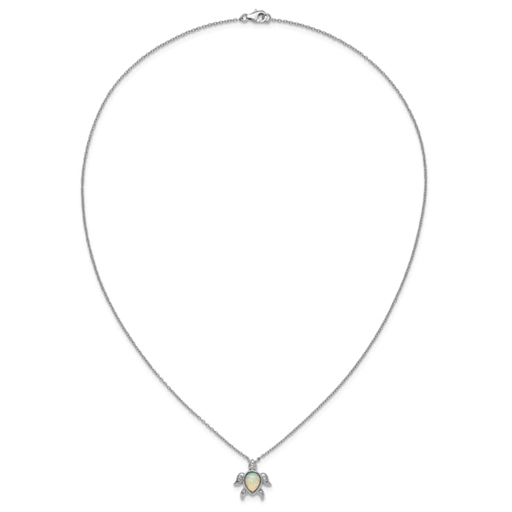 Rhodium Over Sterling Silver Lab Created Opal and Cubic Zirconia Turtle Necklace