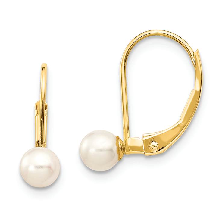 10k Yellow Gold 4-5mm White Round Freshwater Cultured Pearl Dangle Earrings