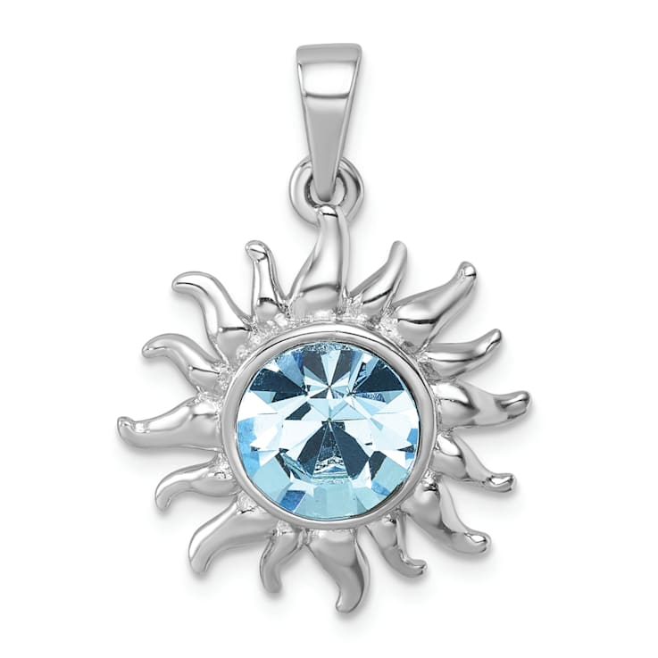 Rhodium Over Sterling Silver Polished Blue Crystal Sun Pendant
