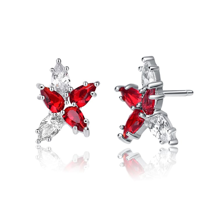 Ruby Color CZ Teardrop Stud Earrings In Sterling Silver