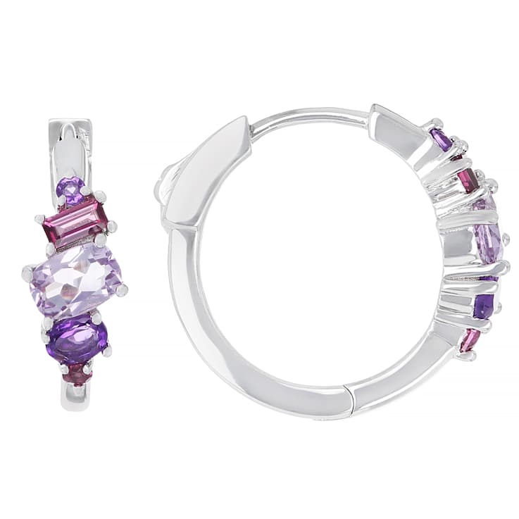 Multi-Stone Amethyst And Rhodolite Hoop Earrings In Sterling Silver