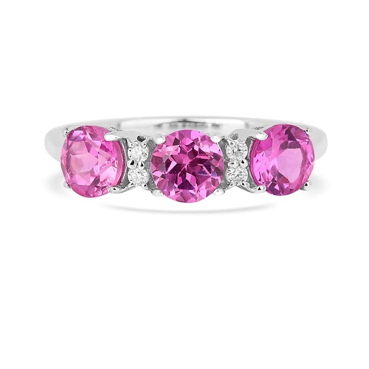 Rhodium Over Sterling Silver Round Lab Created Pink Sapphire and
Moissanite 3-Stone Ring 1.80ctw