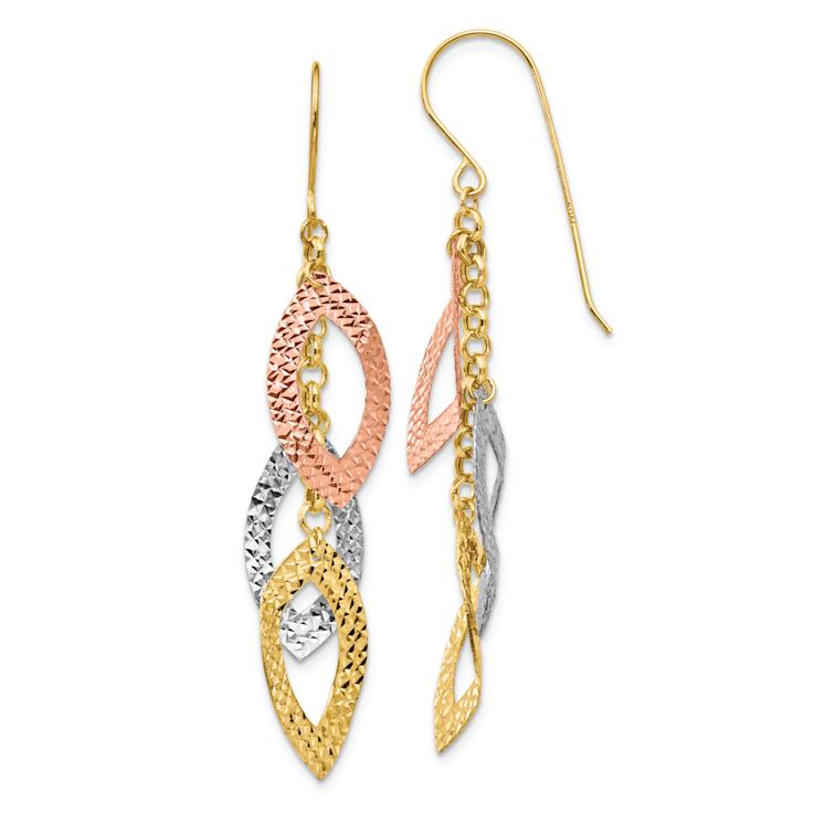14k Tri-color Gold Diamond-cut Tear Drop Dangle Earrings